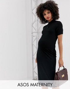 Платье-поло миди в рубчик с небольшой оборкой по краю ASOS DESIGN Maternity-Черный