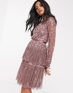 Ярусное платье мини винного цвета с полупрозрачными рукавами и вышивкой Needle & Thread-Фиолетовый