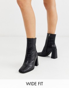 Черные ботильоны для широкой стопы на блочном каблуке с эффектом крокодиловой кожи Co Wren-Черный