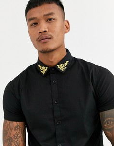 Черная облегающая рубашка с короткими рукавами и золотистой отделкой на воротнике SikSilk-Черный