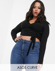 Лонгслив в рубчик с запахом ASOS DESIGN Curve-Черный