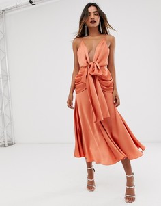 Атласное платье миди с глубоким вырезом ASOS EDITION-Медный