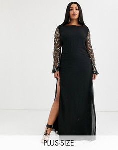 Черное платье макси с длинными рукавами и разрезом Virgos Lounge Plus-Черный
