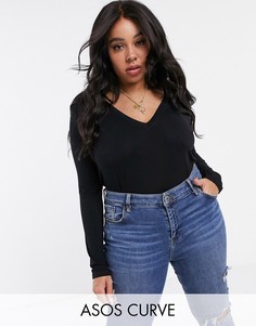 Черный лонгслив с V-образным вырезом ASOS DESIGN Curve