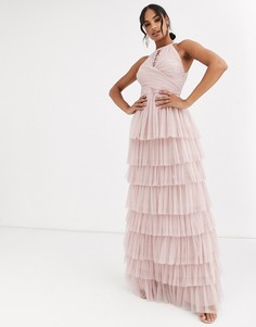 Розовое ярусное платье макси с лямкой через шею и вырезом капелькой Anaya With Love-Розовый
