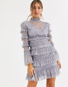 Серое кружевное платье мини By Malina-Серый