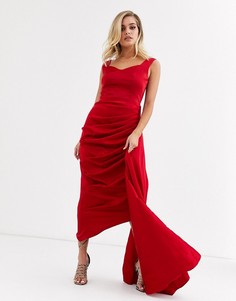 Красное платье миди с глубоким вырезом сердечком и драпировкой Yaura-Красный