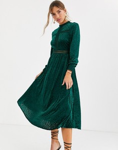 Бархатное платье макси с длинными рукавами изумрудного цвета By Malina-Зеленый