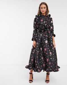 Жаккардовое платье макси с пышной юбкой и звездным рисунком Sister Jane-Черный