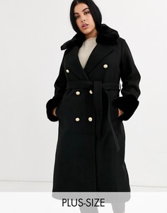 Черное пальто-халат с манжетами из искусственного меха River Island Plus-Черный