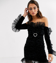 Бархатное платье мини с оборками из органзы и пряжкой со стразами House Of Stars-Черный