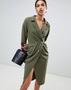 Платье-смокинг миди с плиссировкой ASOS DESIGN-Зеленый