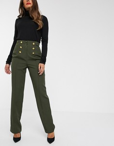 Строгие брюки в стиле милитари с золотистыми пуговицами Unique21-Зеленый