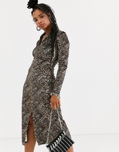 Платье миди с леопардовым принтом и длинными рукавами Emory Park-Коричневый