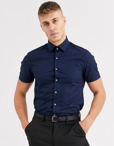 Эластичная приталенная рубашка из поплина с короткими рукавами Calvin Klein-Синий