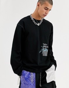 Свободный лонгслив с футуристическим принтом на спине Taka Original-Черный