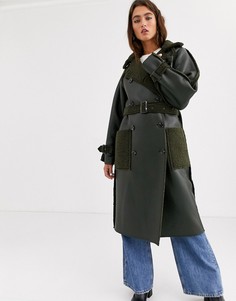 Двусторонний тренч цвета хаки с искусственной овчиной Topshop-Зеленый
