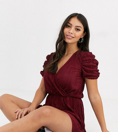 Плиссированный ромпер ягодного цвета с пышными рукавами Miss Selfridge Petite-Красный