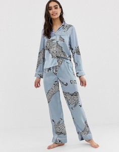 Атласная пижама с брюками и анималистичным принтом ASOS DESIGN-Синий
