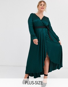Зеленое атласное платье с запахом и контрастным поясом Little Mistress Plus-Зеленый