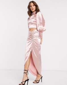 Атласная юбка миди с присборенной отделкой ASOS EDITION-Розовый цвет
