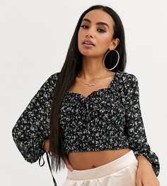 Черный топ с пышными рукавами и цветочным принтом Missguided Petite
