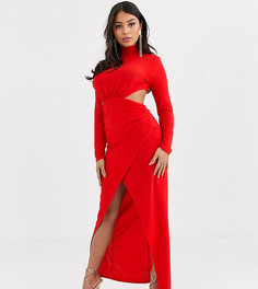 Красное блестящее платье макси с вырезами и запахом Missguided Petite-Красный