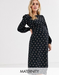 Чайное платье с длинными рукавами и цветочным принтом Fashion Union Maternity-Черный