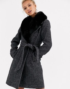 Черно-белое пальто миди с запахом и искусственным мехом Forever New-Черный