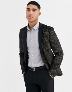 Черный приталенный бархатный пиджак-смокинг с принтом крокодиловой кожи Avail London