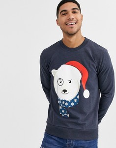 Новогодний свитшот с белым медведем Jack & Jones-Темно-синий