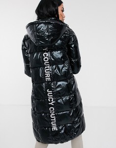 Блестящая черная длинная дутая куртка с логотипом на спине Juicy Couture-Черный