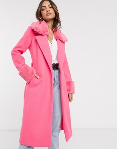 Розовое пальто с воротником и манжетами из искусственного меха River Island-Розовый
