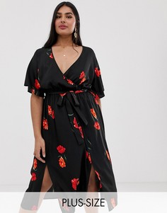 Черное платье миди с запахом, разрезами и цветочным принтом Influence Plus-Черный