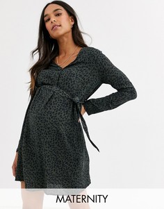Зеленое платье-рубашка мини в горошек с поясом New Look Maternity-Серый