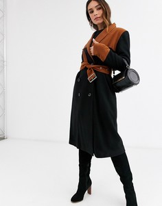 Шерстяное пальто с контрастным поясом Unique21-Черный