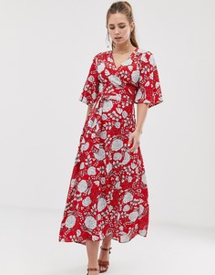 Платье миди с запахом и цветочным принтом Brave Soul kea-Красный