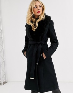 Черное пальто со съемным искусственным мехом Lipsy-Черный