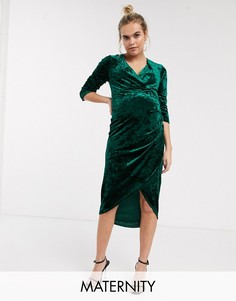 Бархатное платье миди с запахом TFNC Maternity-Зеленый