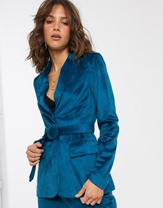 Бархатный пиджак классического кроя с ремнем на талии Fashion Union-Синий