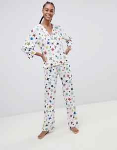 Классический пижамный комплект из 100% модала с брюками с принтом звезд ASOS DESIGN-Белый