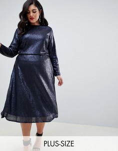 Темно-синее приталенное платье с длинными рукавами и пайетками TFNC Plus-Темно-синий