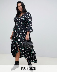 Чайное платье миди с цветочным принтом и открытой спиной Influence Plus-Черный