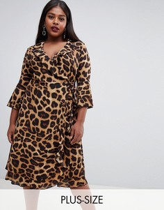 Платье миди с запахом, расклешенными рукавами и леопардовым принтом Outrageous Fortune Plus-Мульти