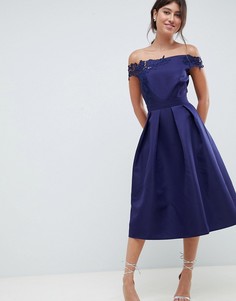 Платье миди с открытыми плечами, аппликацией и пышной юбкой Little Mistress-Темно-синий