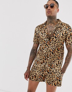 Атласная рубашка с леопардовым принтом и воротником в виде лацканов Urban Threads-Золотой