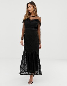 Платье макси с кружевной накладкой и оборками Liquorish-Черный