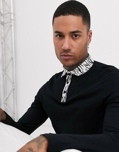 Поло с длинными рукавами и воротником со звериным принтом ASOS DESIGN-Черный