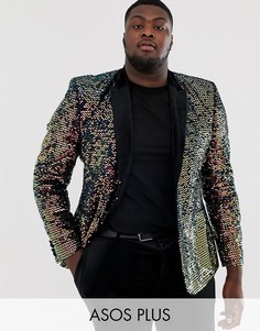 Бархатный пиджак скинни черного цвета с переливающимися пайетками ASOS EDITION Plus-Черный