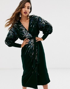Бархатное платье миди с отделкой бисером и пайетками ASOS EDITION-Зеленый
